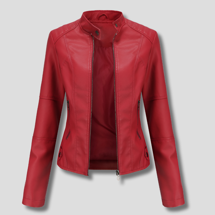 Getailleerd rood leren motorjack voor dames