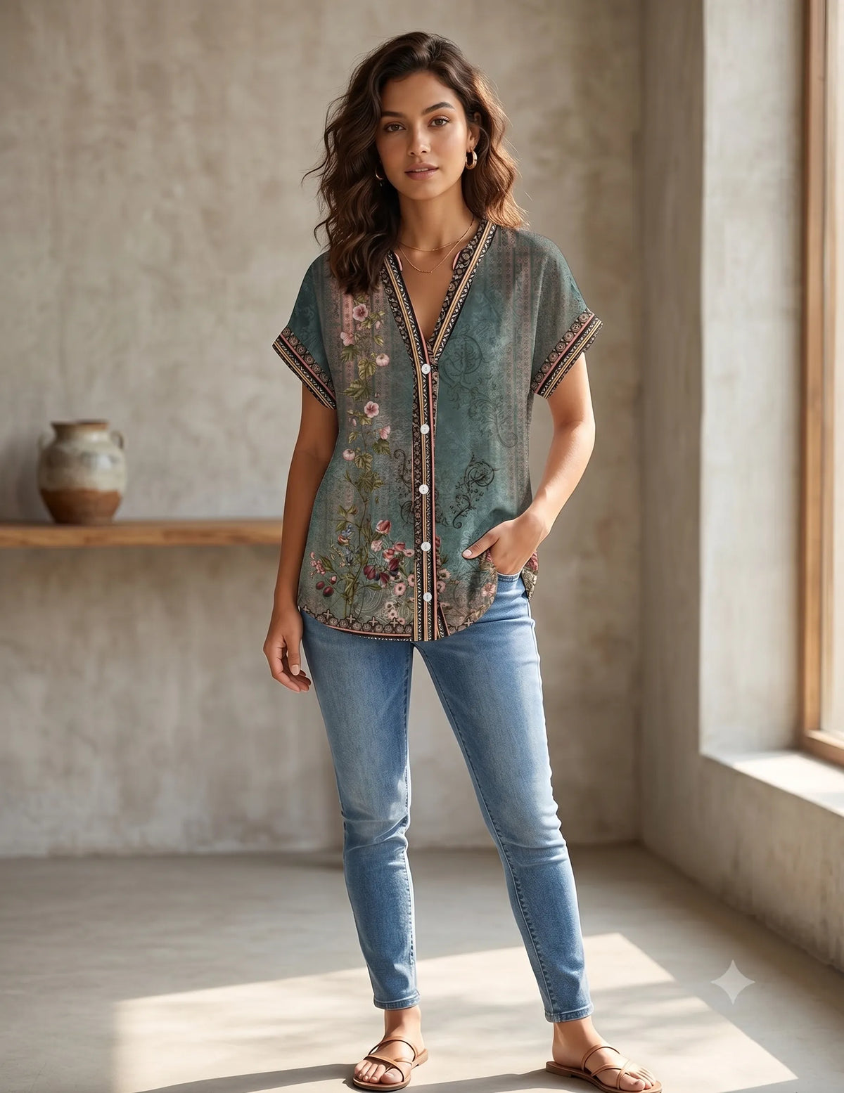 Hailey damesblouse met bloemenprint, V-hals en knoopsluiting
