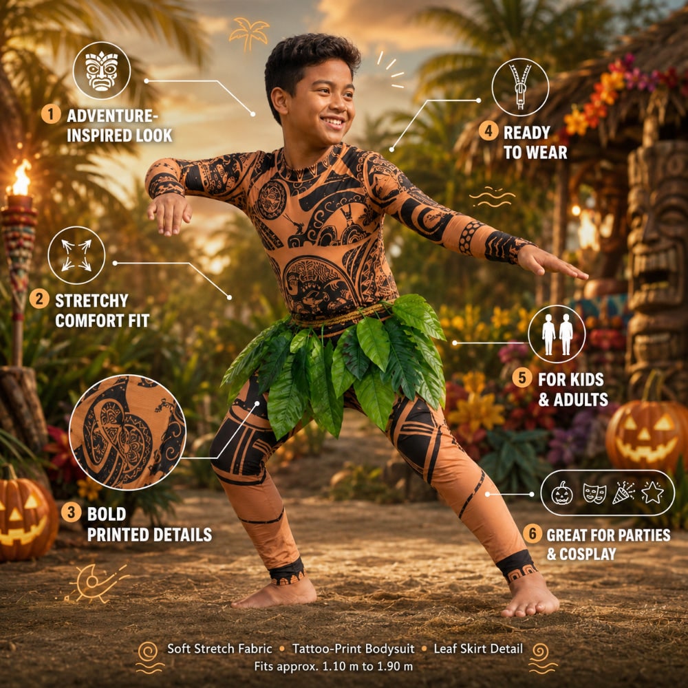 Halloween bodysuitkostuum met tatoeageprint en nep-bladerenrok Island Demigod