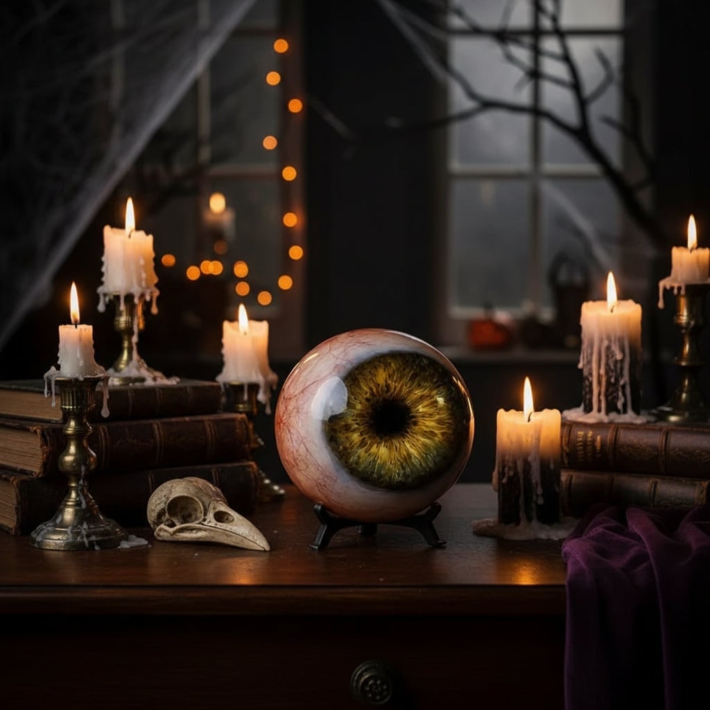 Halloween-oogbaldecoratie met heks en roze verandastandaard voor feestdecoratie bij de voordeur