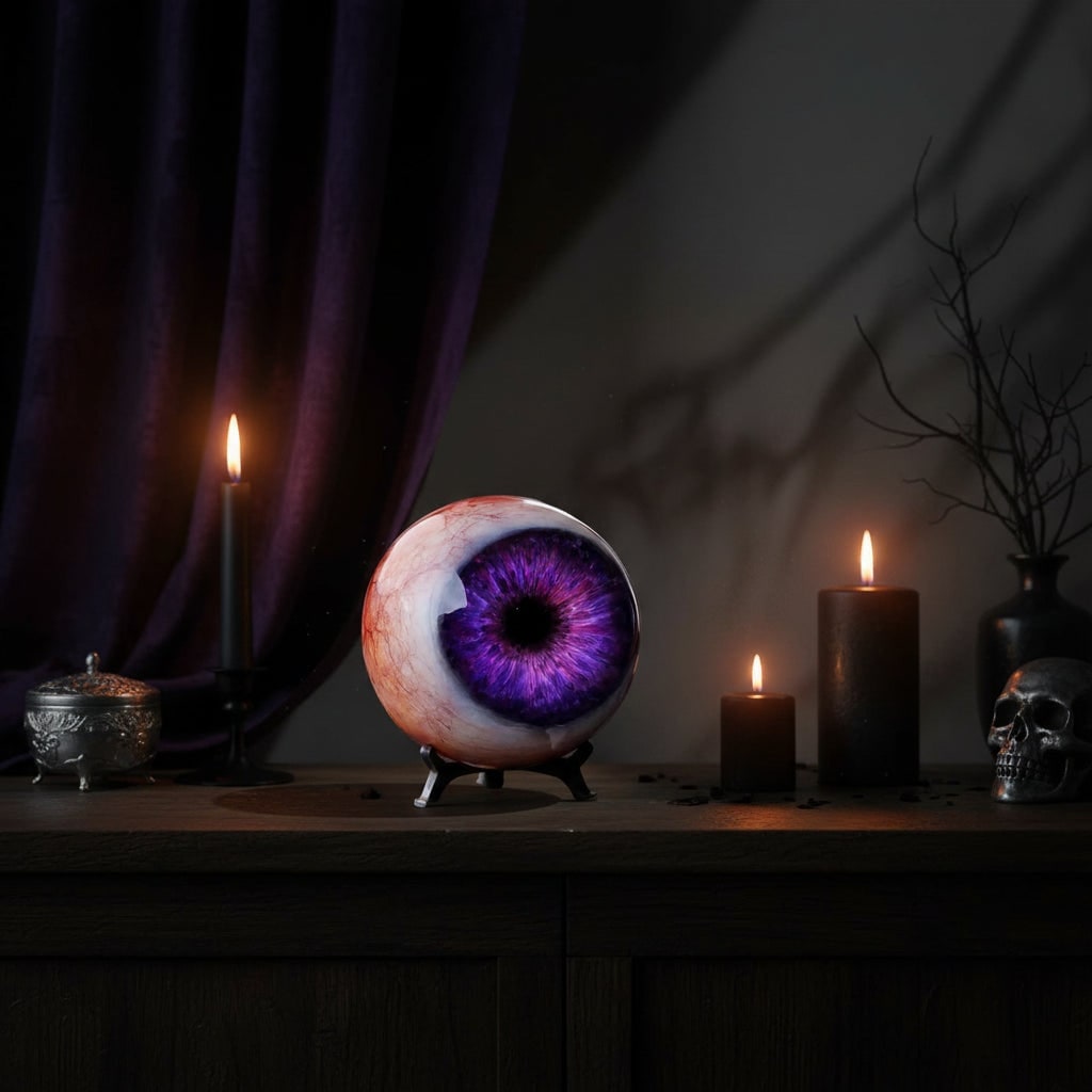Halloween-oogbaldecoratie met heks en roze verandastandaard voor feestdecoratie bij de voordeur