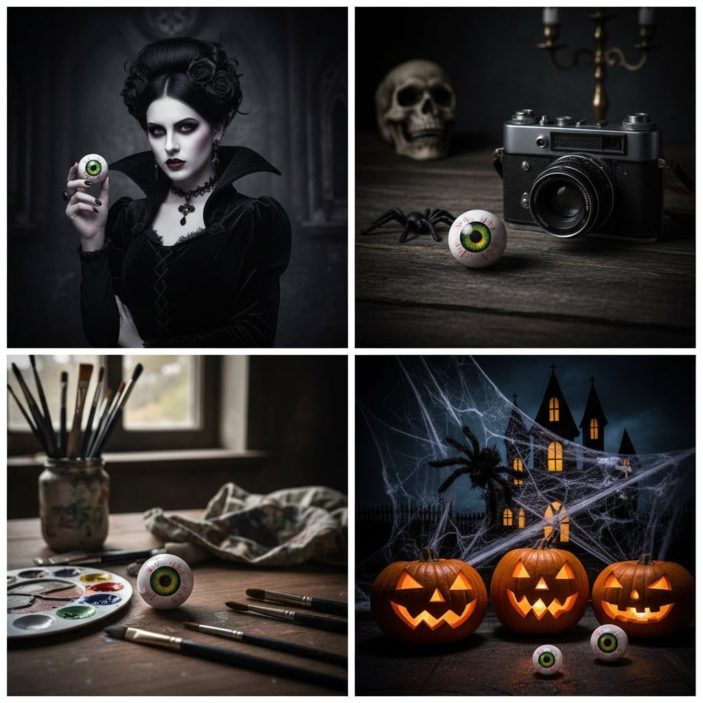 Halloween-oogbaldecoratie met heks en roze verandastandaard voor feestdecoratie bij de voordeur