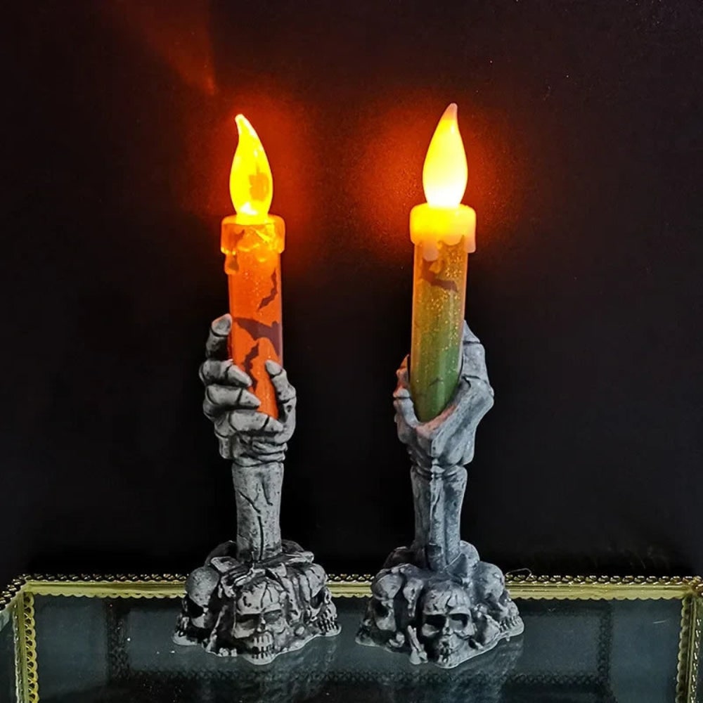 Halloween vlamloze LED-taperkaars op batterijen met skeletvinger-houder voor feestdecoratie