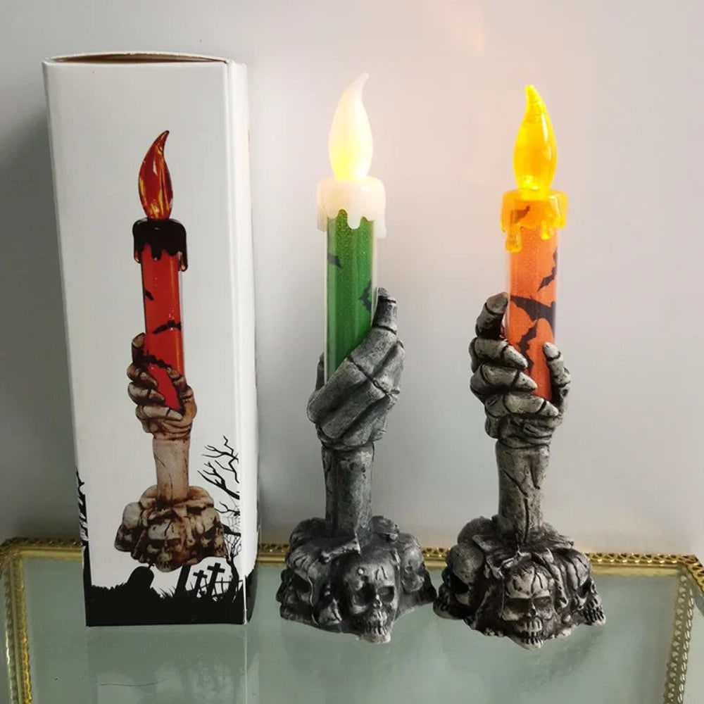 Halloween vlamloze LED-taperkaars op batterijen met skeletvinger-houder voor feestdecoratie