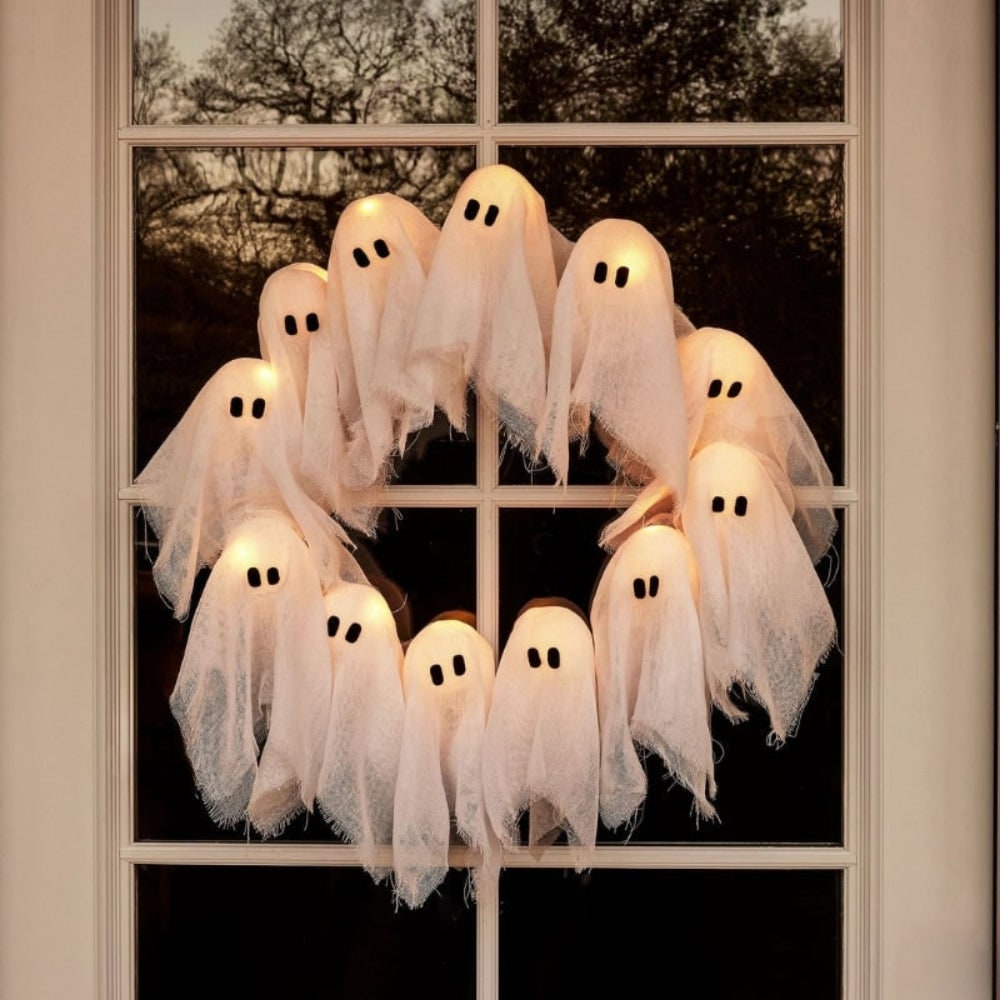 Halloween spookkrans met ledlampjes zwart gaas deur voor buitendecoratie