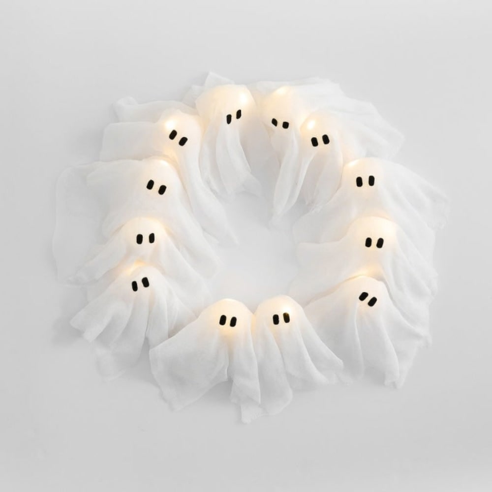 Halloween spookkrans met ledlampjes zwart gaas deur voor buitendecoratie