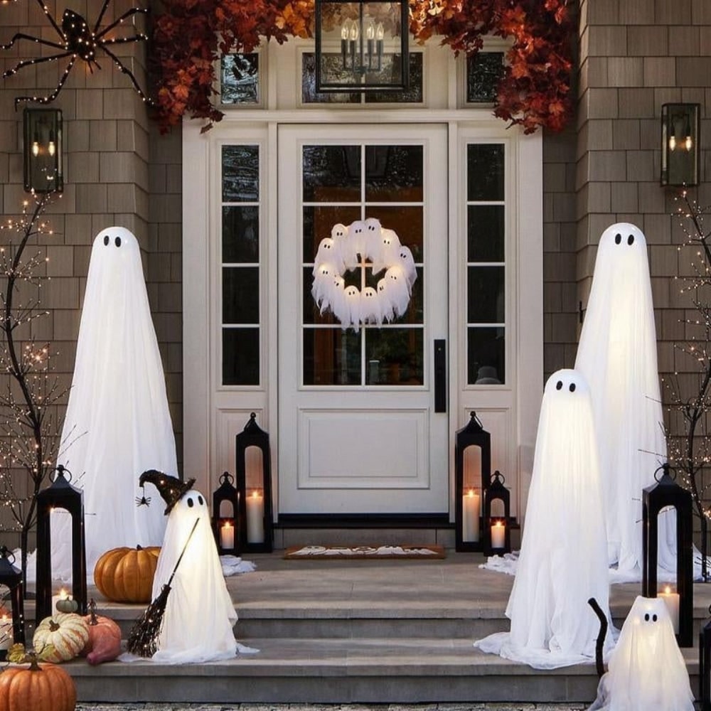 Halloween spookkrans met ledlampjes zwart gaas deur voor buitendecoratie