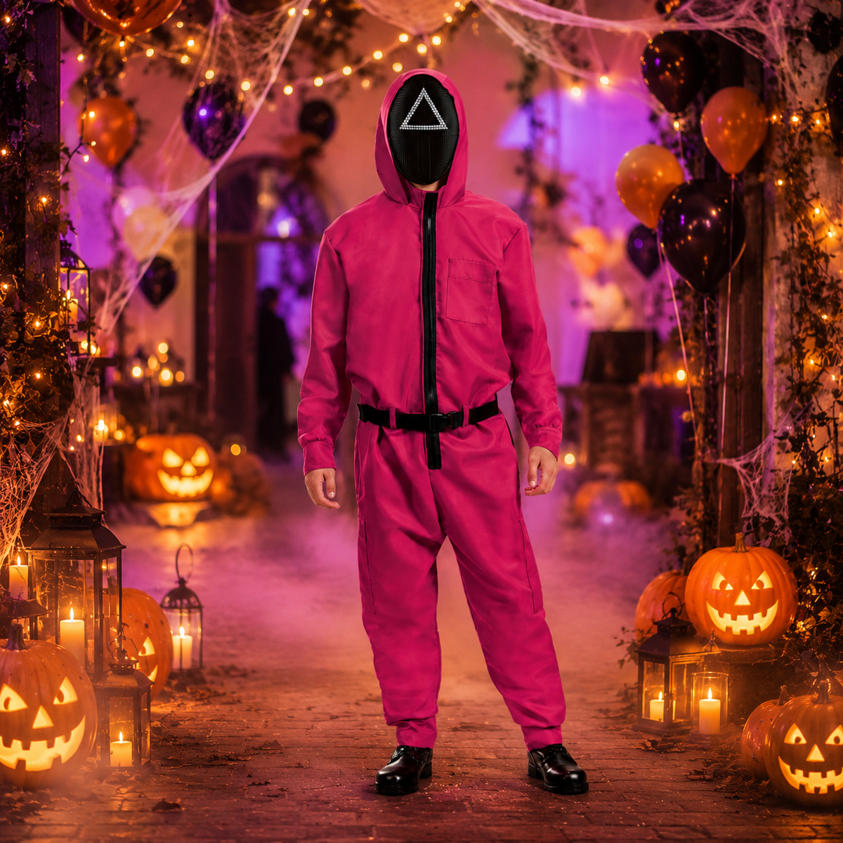 Halloween roze jumpsuitkostuum met masker en riem voor feest