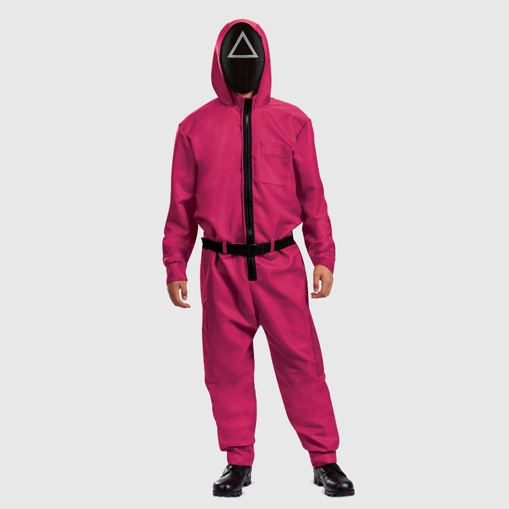Halloween roze jumpsuitkostuum met masker en riem voor feest
