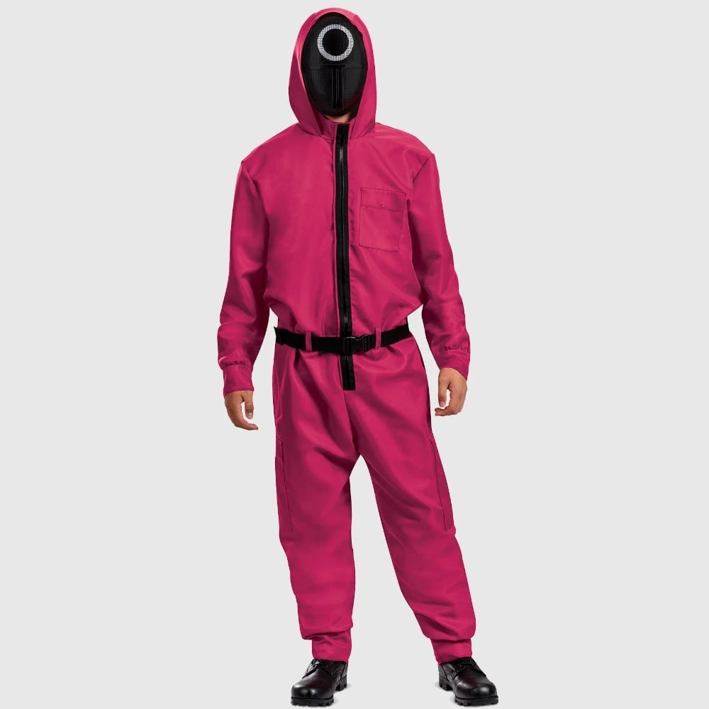 Halloween roze jumpsuitkostuum met masker en riem voor feest