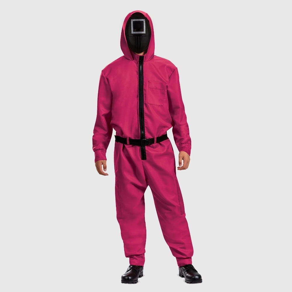 Halloween roze jumpsuitkostuum met masker en riem voor feest
