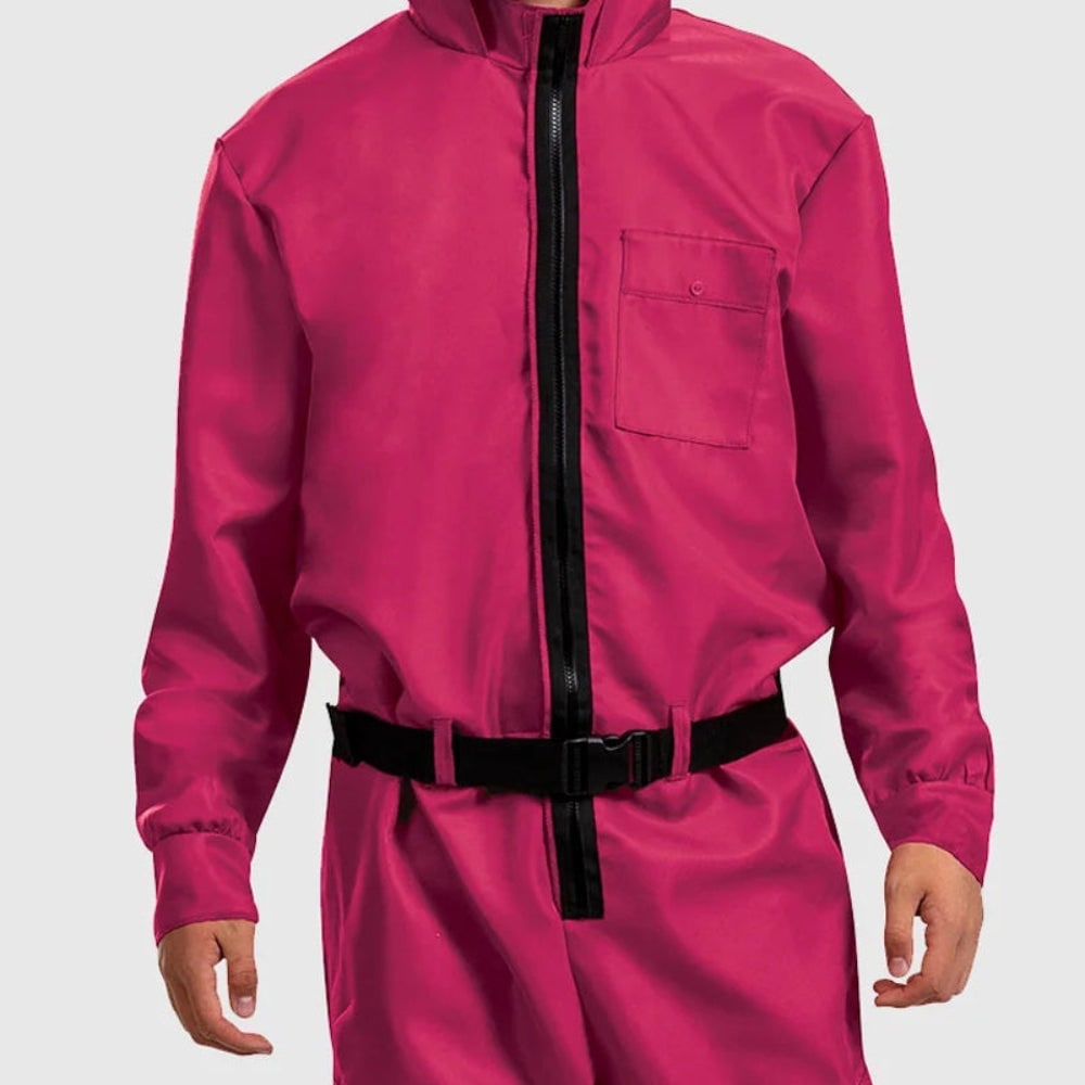 Halloween roze jumpsuitkostuum met masker en riem voor feest