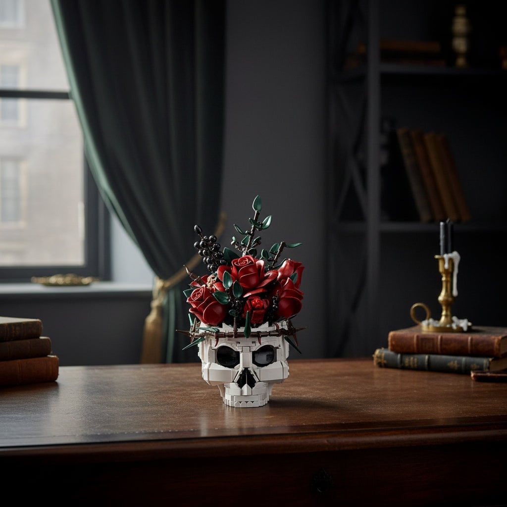 Halloween bouwblokken schedel met magnetische tegels en rozen, gotische decoratieset