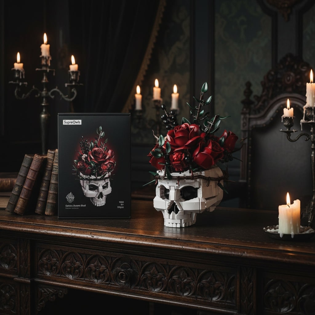 Halloween bouwblokken schedel met magnetische tegels en rozen, gotische decoratieset