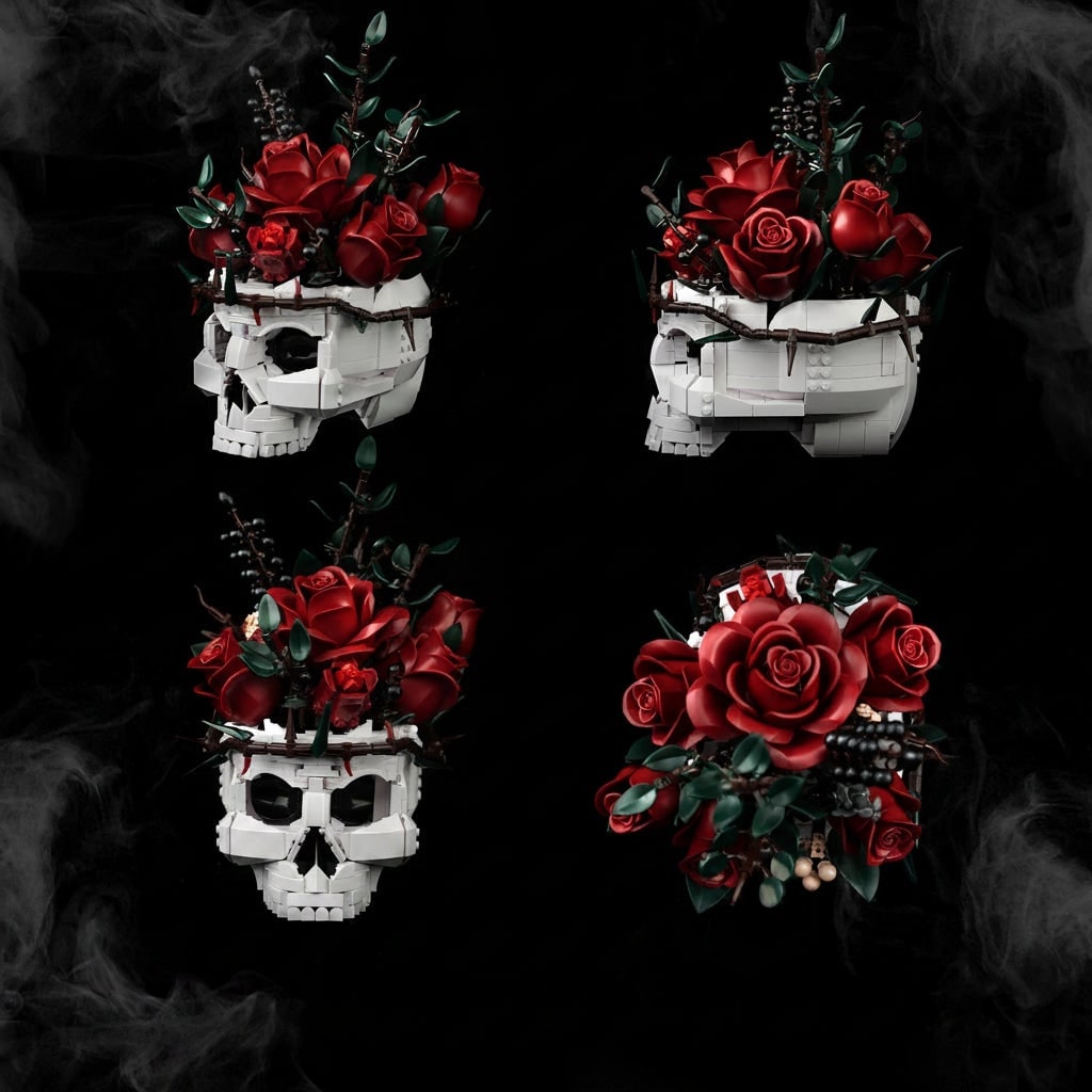 Halloween bouwblokken schedel met magnetische tegels en rozen, gotische decoratieset