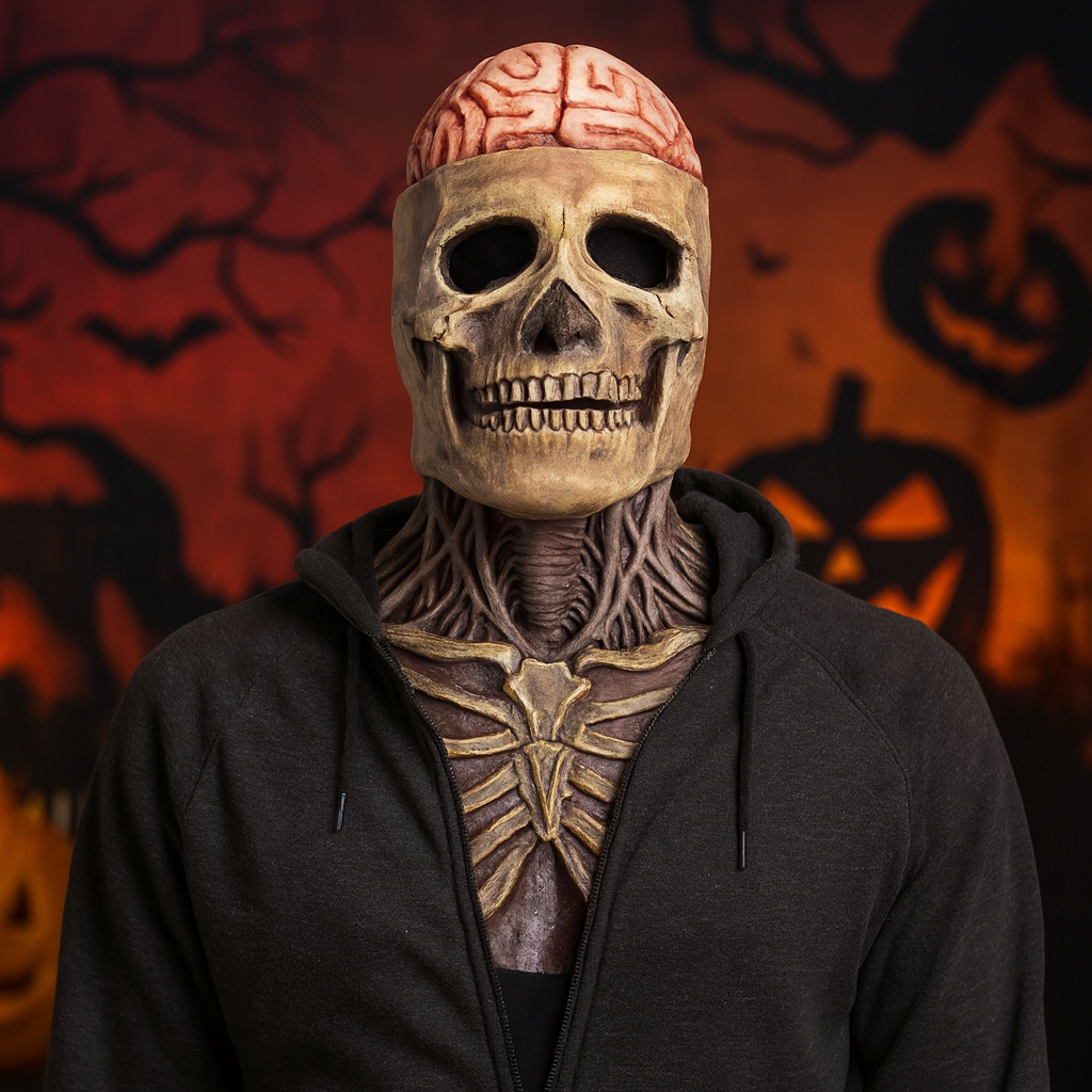 Halloween schedelmasker horror met blootliggende hersenen en borststuk volledig hoofd latex skelet griezelig kostuum