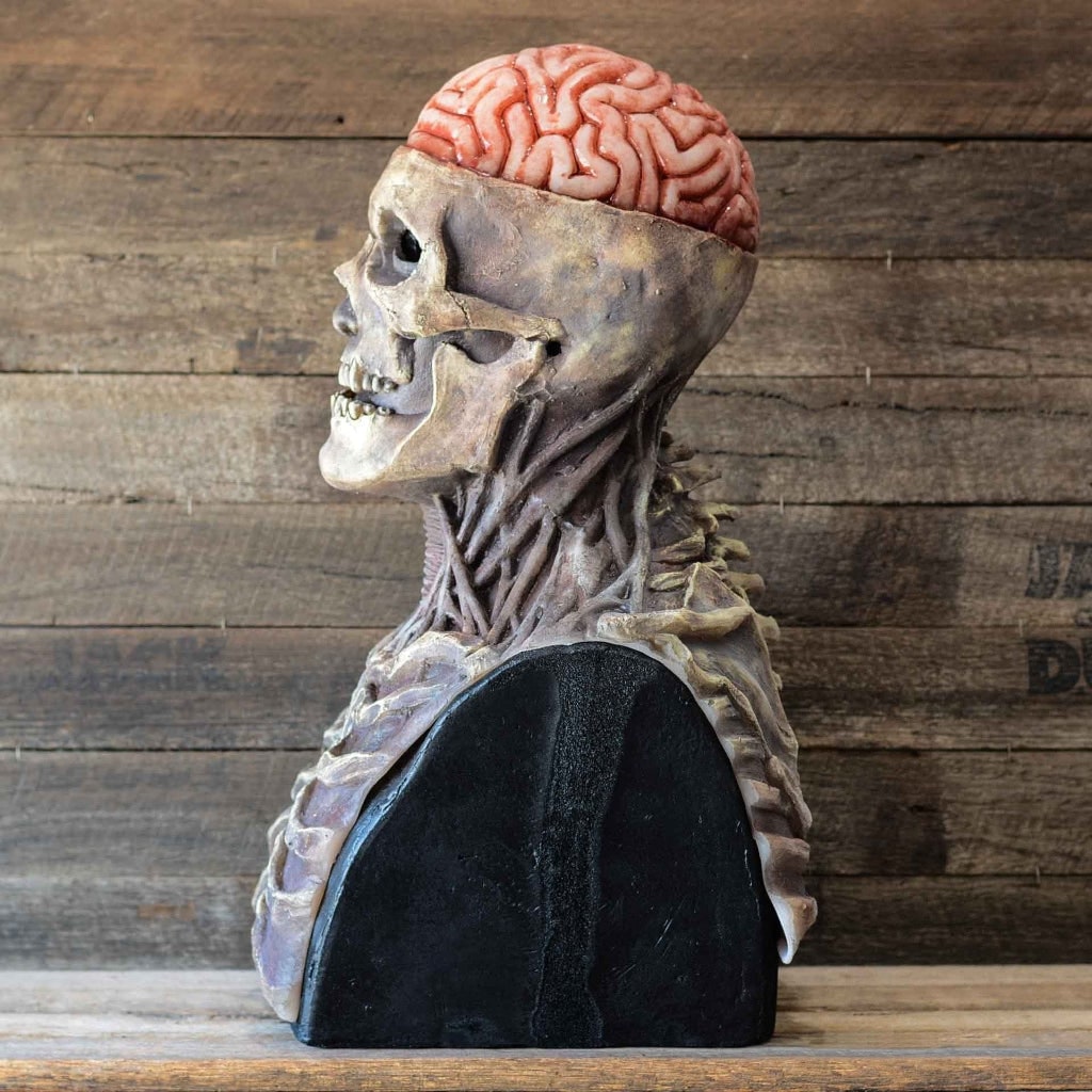 Halloween schedelmasker horror met blootliggende hersenen en borststuk volledig hoofd latex skelet griezelig kostuum