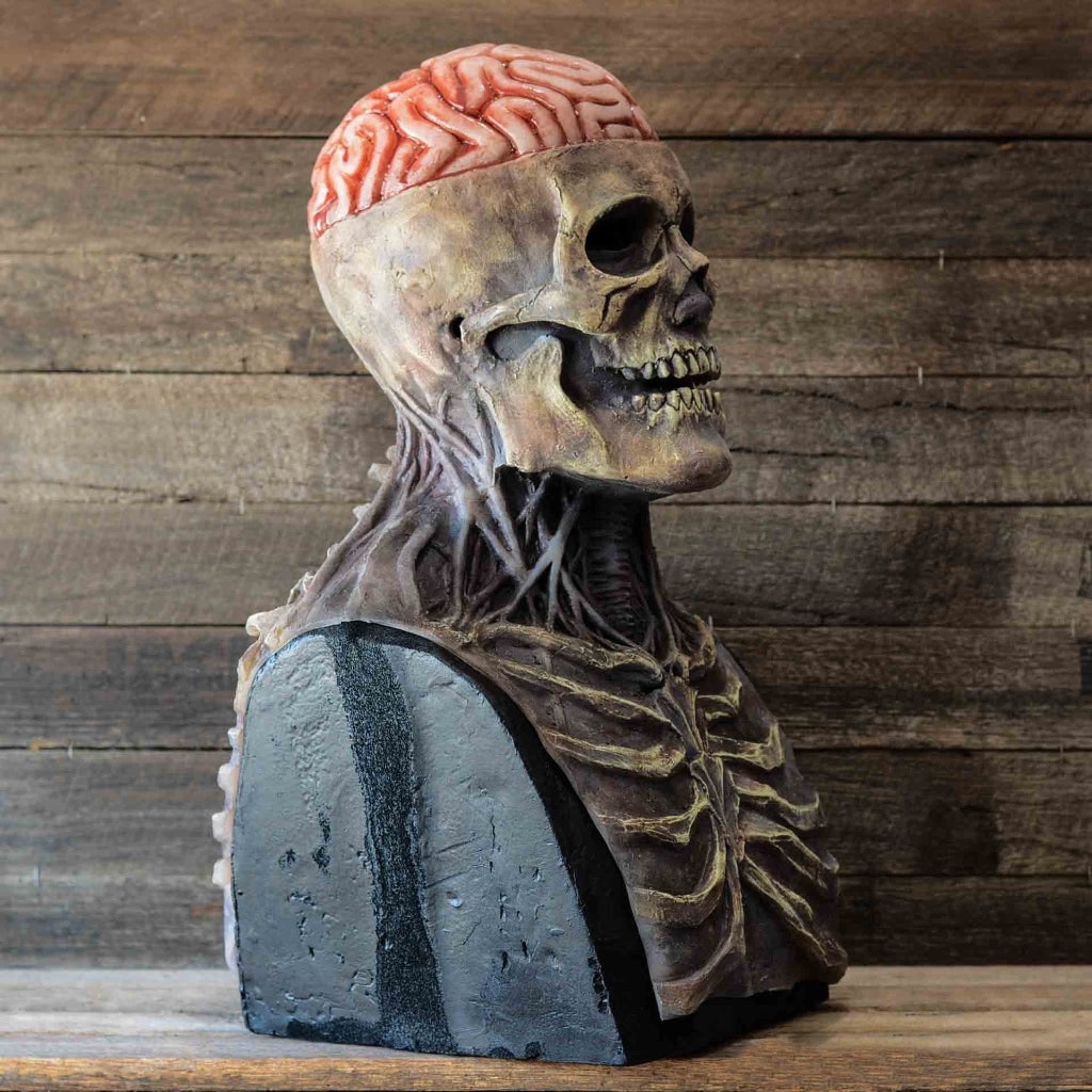 Halloween schedelmasker horror met blootliggende hersenen en borststuk volledig hoofd latex skelet griezelig kostuum