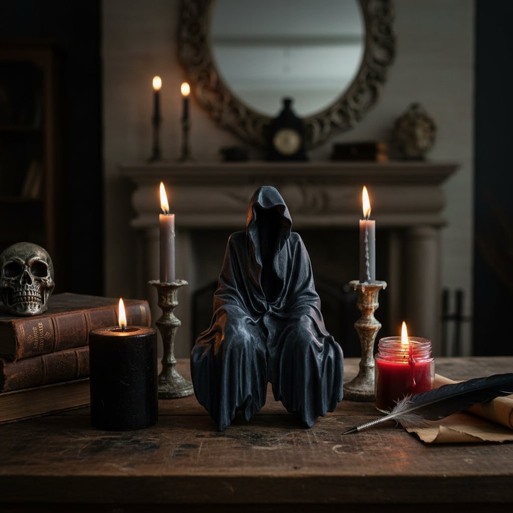 Halloween griezelige Magere Hein plankzitter beeld, hars figuur, decoratie met kap