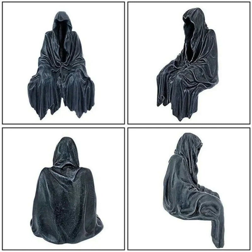 Halloween griezelige Magere Hein plankzitter beeld, hars figuur, decoratie met kap