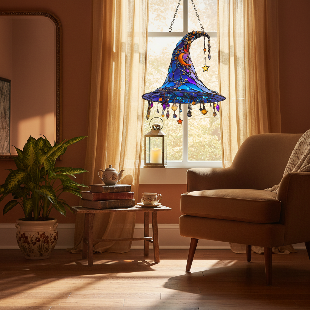 Halloween glas-in-lood zonnevanger met kralen heksenhoed hangend raamdecoratie