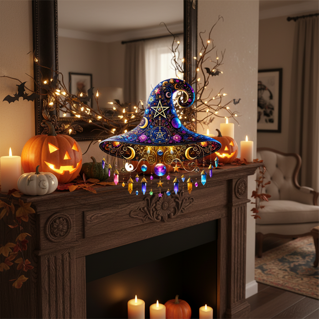 Halloween glas-in-lood zonnevanger met kralen heksenhoed hangend raamdecoratie