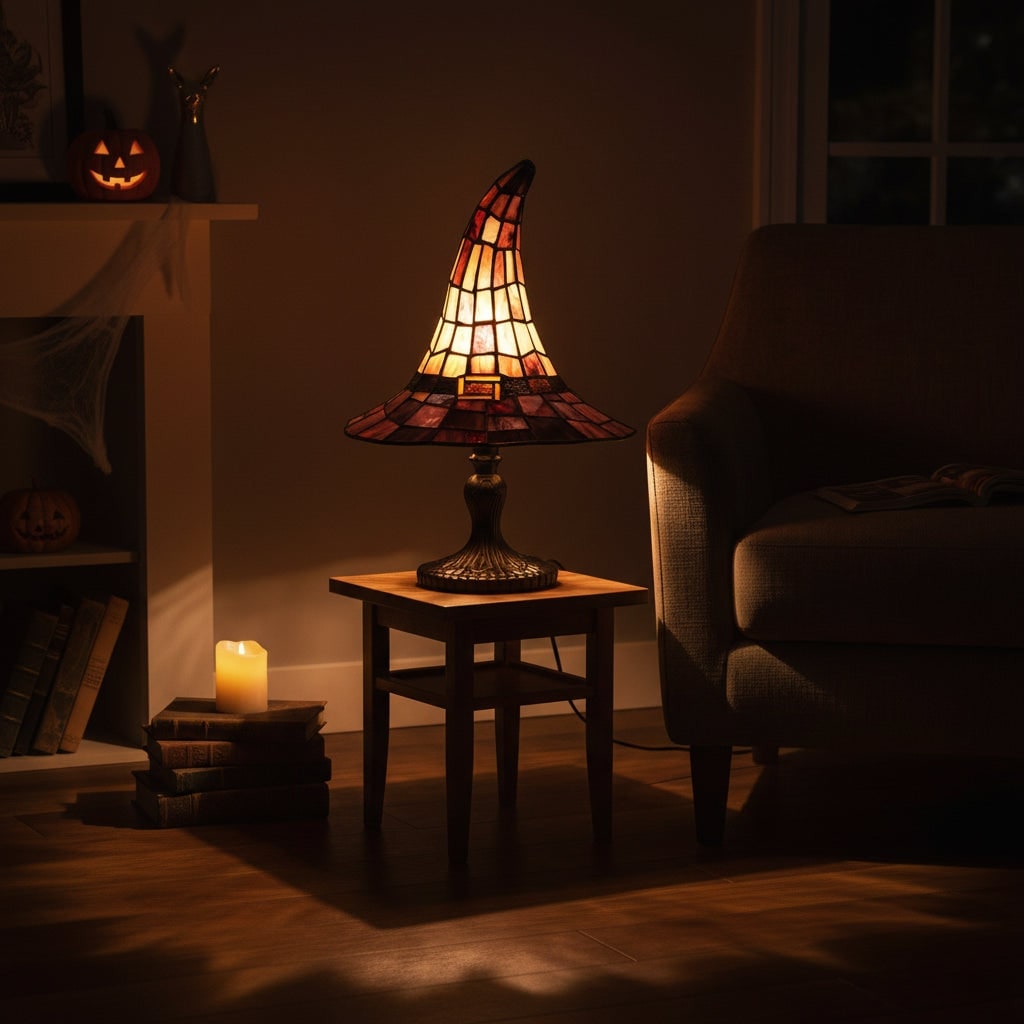 Halloween heksenhoed tafellamp van glas-in-lood met warm licht, nachtlampje, set van 2