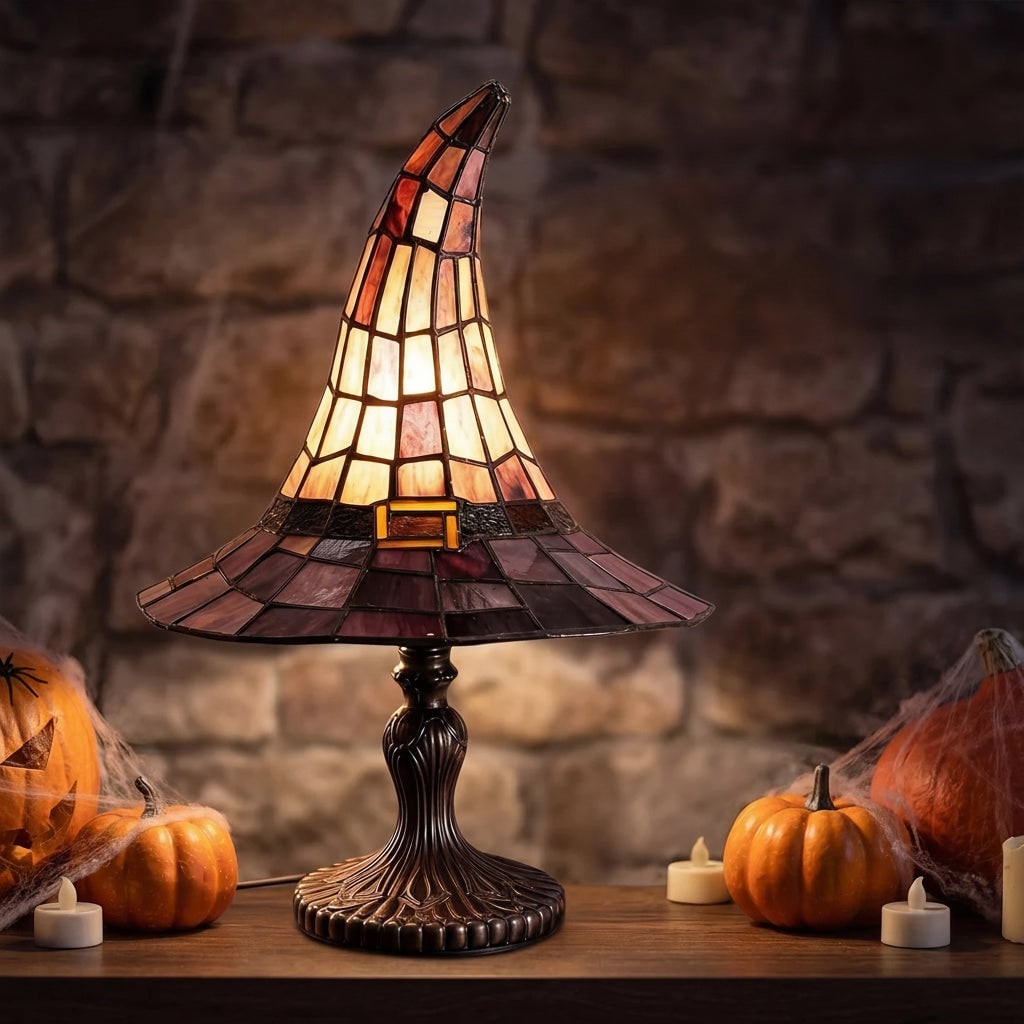 Halloween heksenhoed tafellamp van glas-in-lood met warm licht, nachtlampje, set van 2