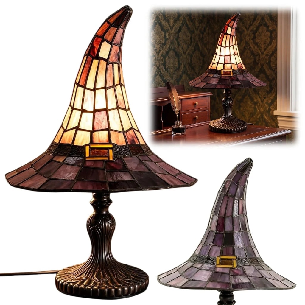 Halloween heksenhoed tafellamp van glas-in-lood met warm licht, nachtlampje, set van 2