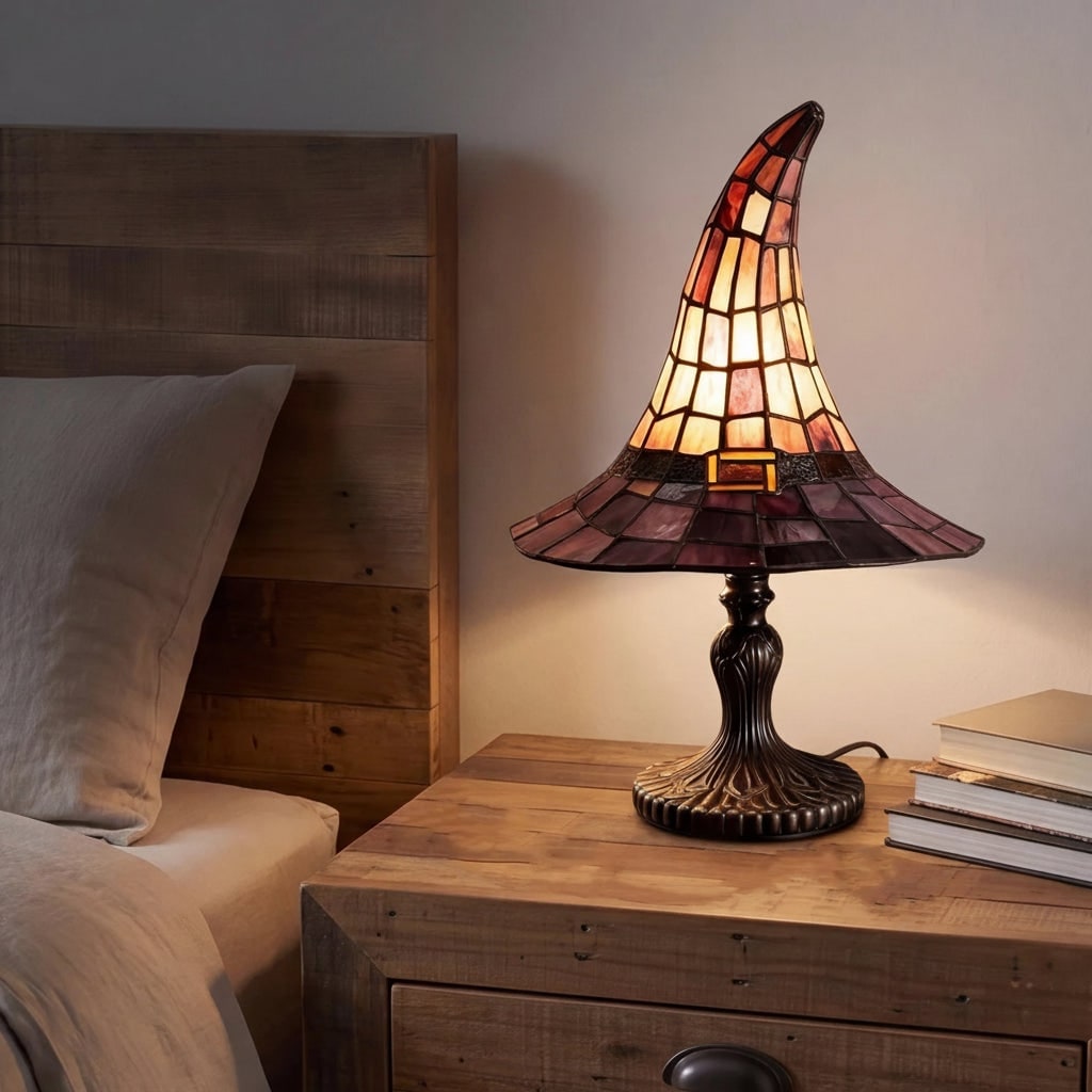 Halloween heksenhoed tafellamp van glas-in-lood met warm licht, nachtlampje, set van 2