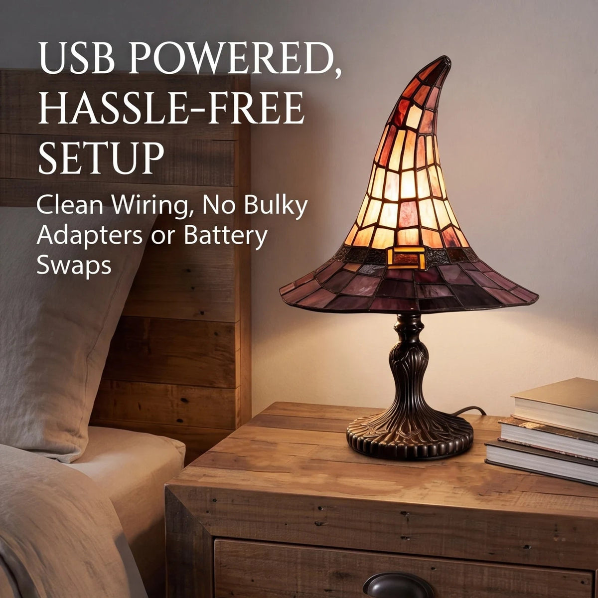 Halloween heksenhoed glas-in-lood tafellamp met USB-voeding en warm licht nachtlampje