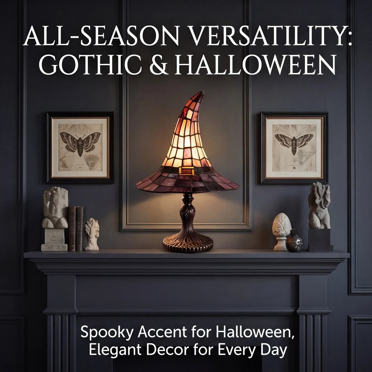 Halloween heksenhoed glas-in-lood tafellamp met USB-voeding en warm licht nachtlampje