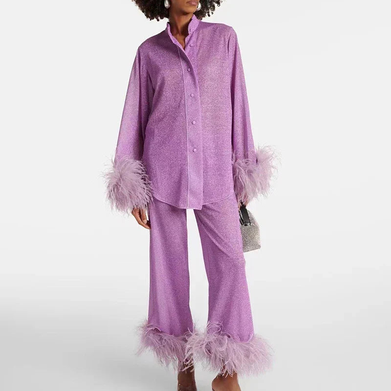 Glitterset voor dames, tweedelig, met veren aan de zoom, feestoutfit