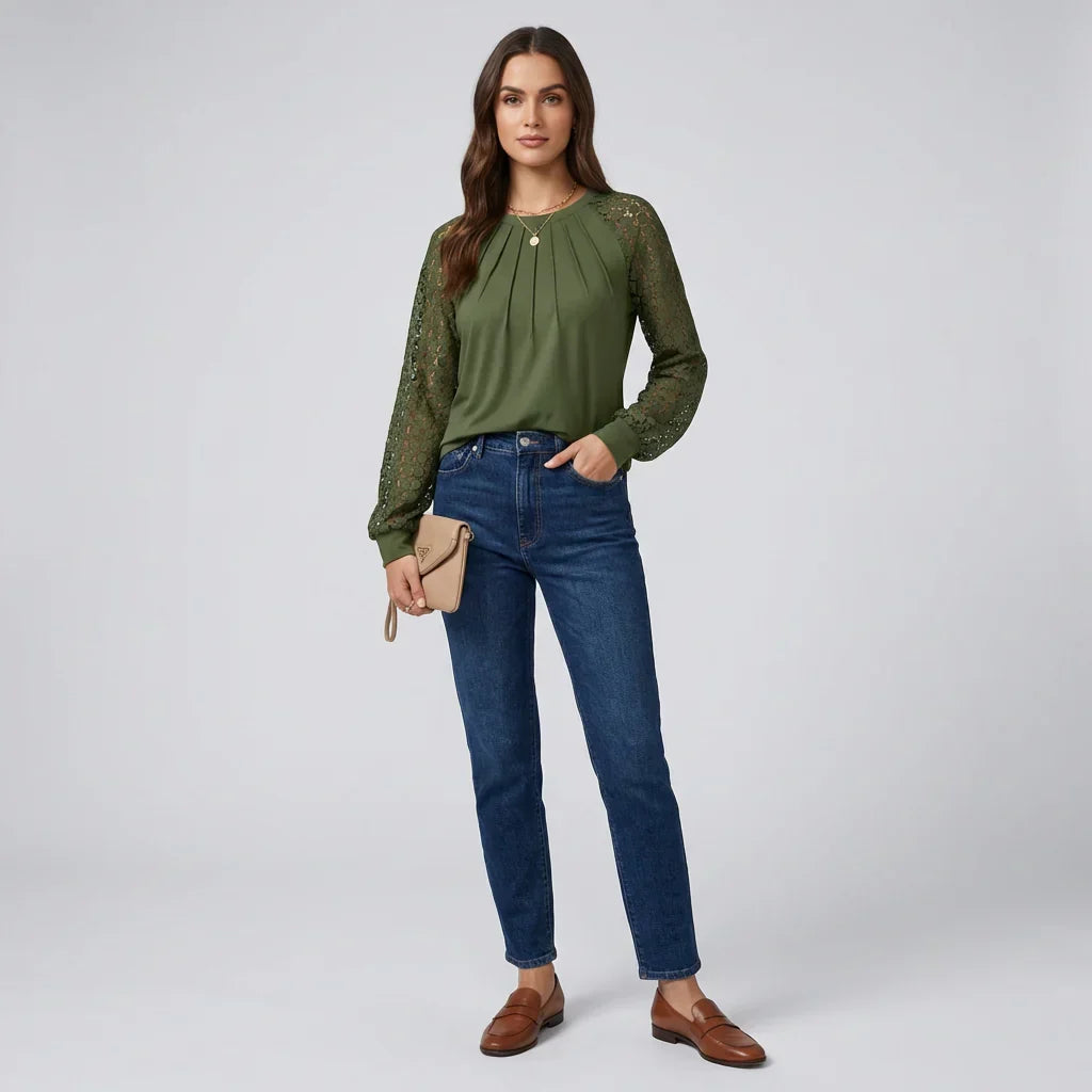 Blouse met lange mouwen, plooien en kant voor dames