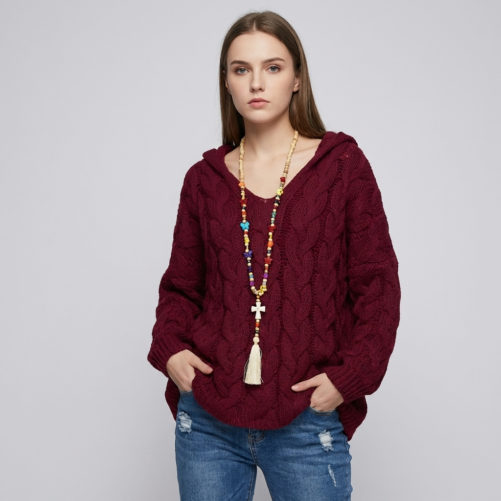 Dames oversized Kabeltrui met V-Hals