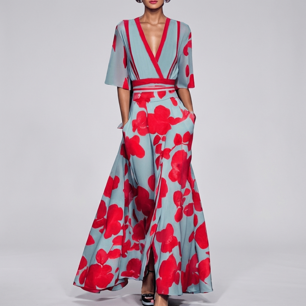 Lange Vrouwenjurk met Bloemenprint en V-Hals