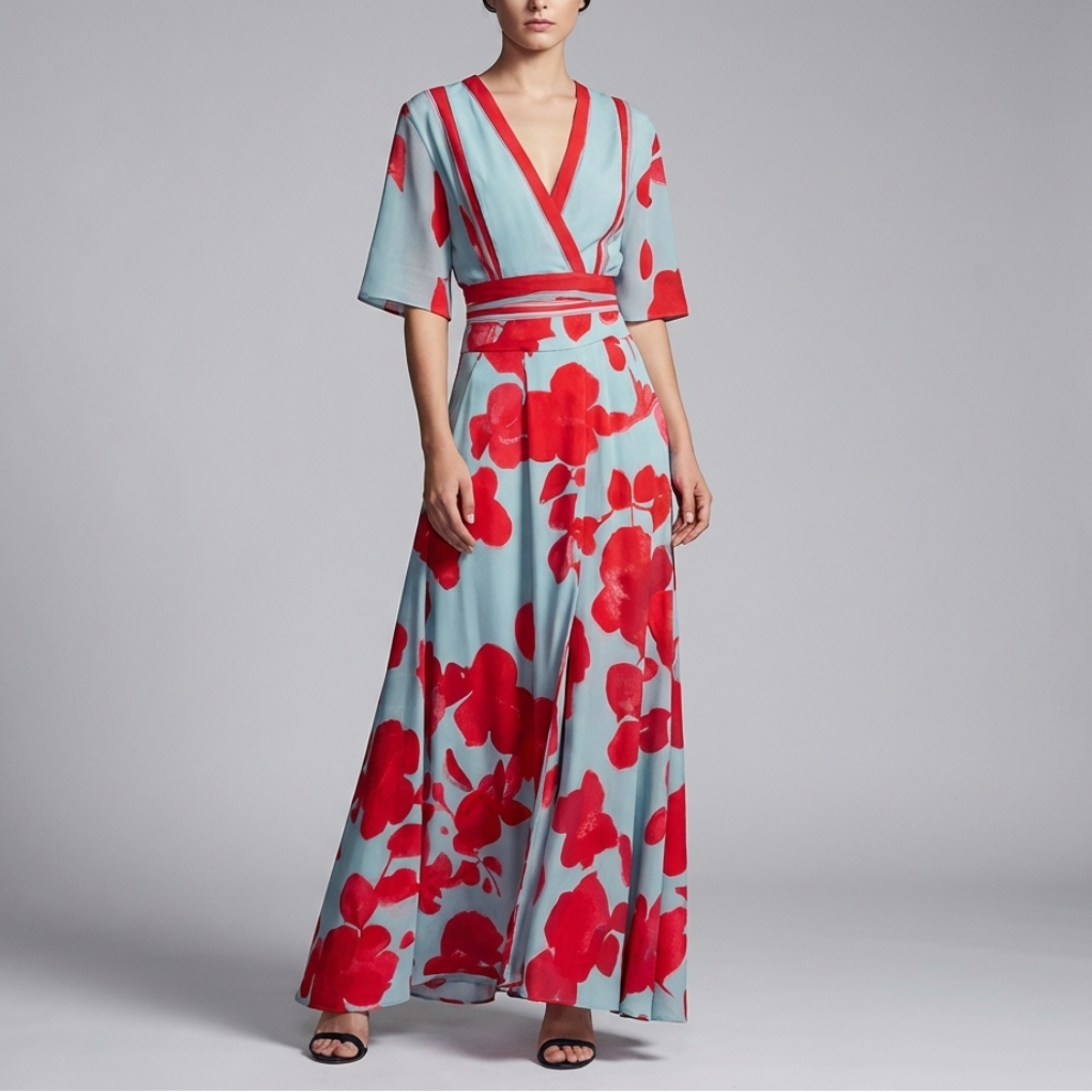 Lange Vrouwenjurk met Bloemenprint en V-Hals