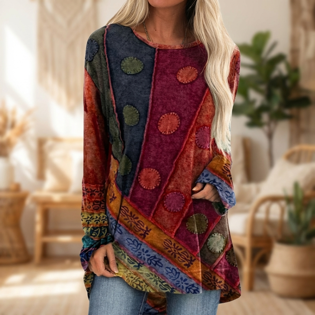 Vrouwen Tuniek met lange Mouwen en Artistiek Patchwork Patroon