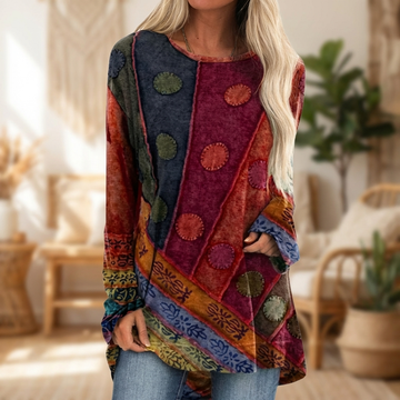 Vrouwen Tuniek met lange Mouwen en Artistiek Patchwork Patroon