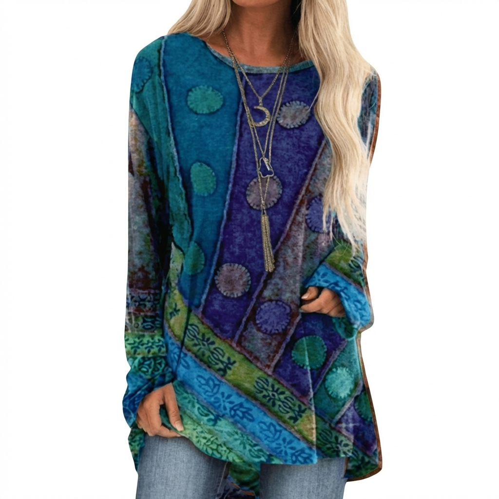 Vrouwen Tuniek met lange Mouwen en Artistiek Patchwork Patroon