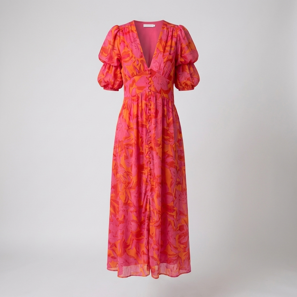 Vrouwen Maxi Jurk met V-Hals en Pofmouwen
