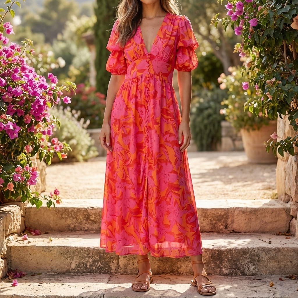 Vrouwen Maxi Jurk met V-Hals en Pofmouwen