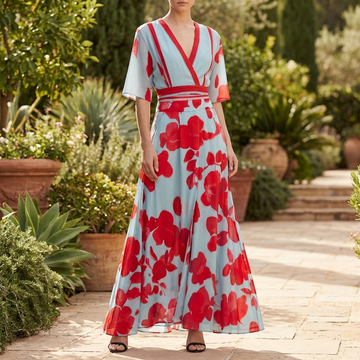 Lange Vrouwenjurk met Bloemenprint en V-Hals