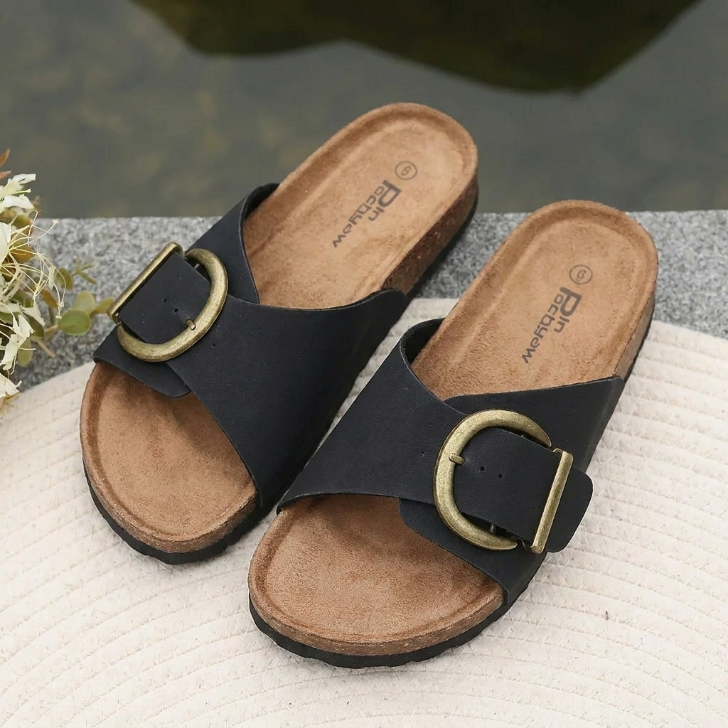 Platte slippers met ringgesp voor dames
