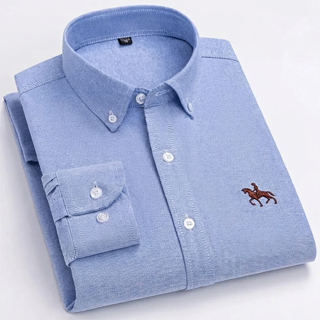 100% Katoenen Oxford Overhemd met Geborduurd Paardenmotief