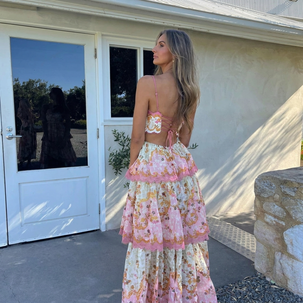 Bloem & ruches – lange geborduurde zomerjurk