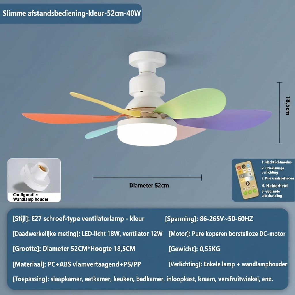 Plafondventilator met LED-lamp en afstandsbediening voor E27-fitting