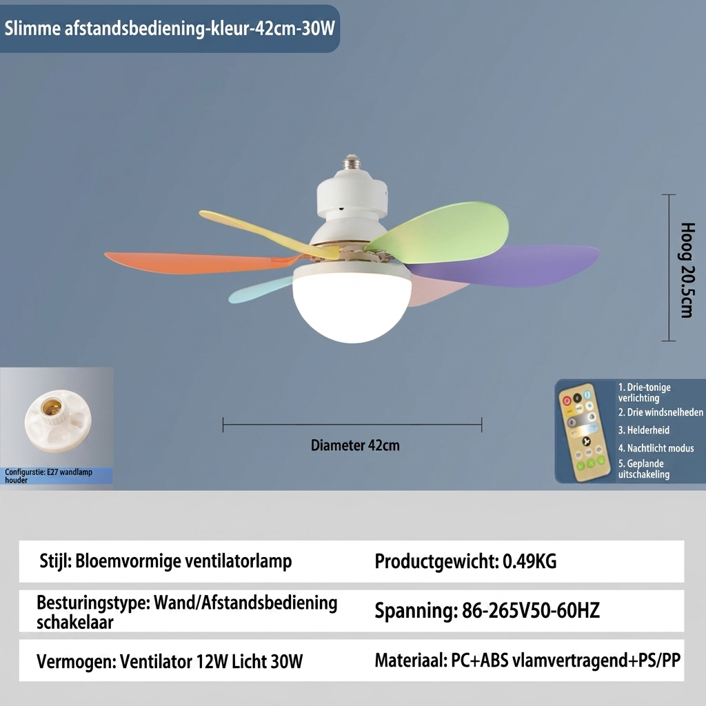 Plafondventilator met LED-lamp en afstandsbediening voor E27-fitting