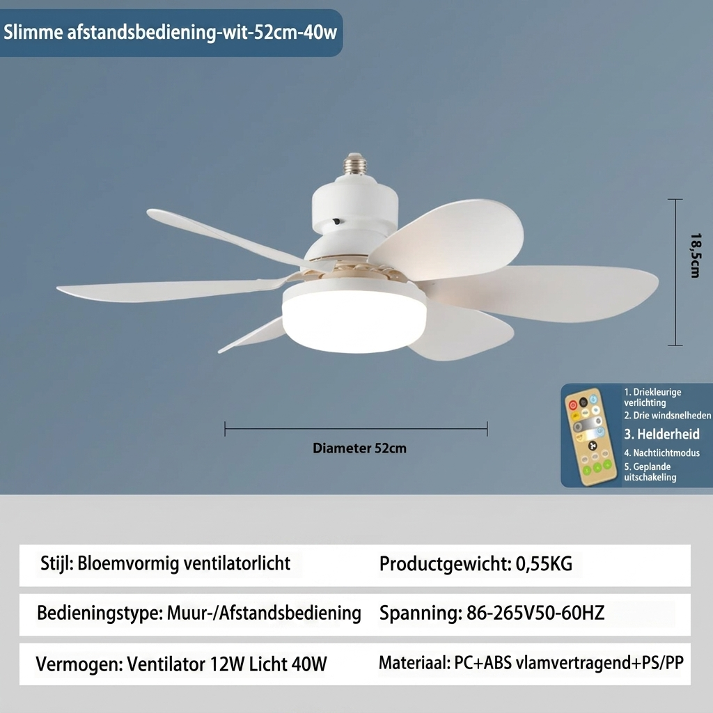 Plafondventilator met LED-lamp en afstandsbediening voor E27-fitting