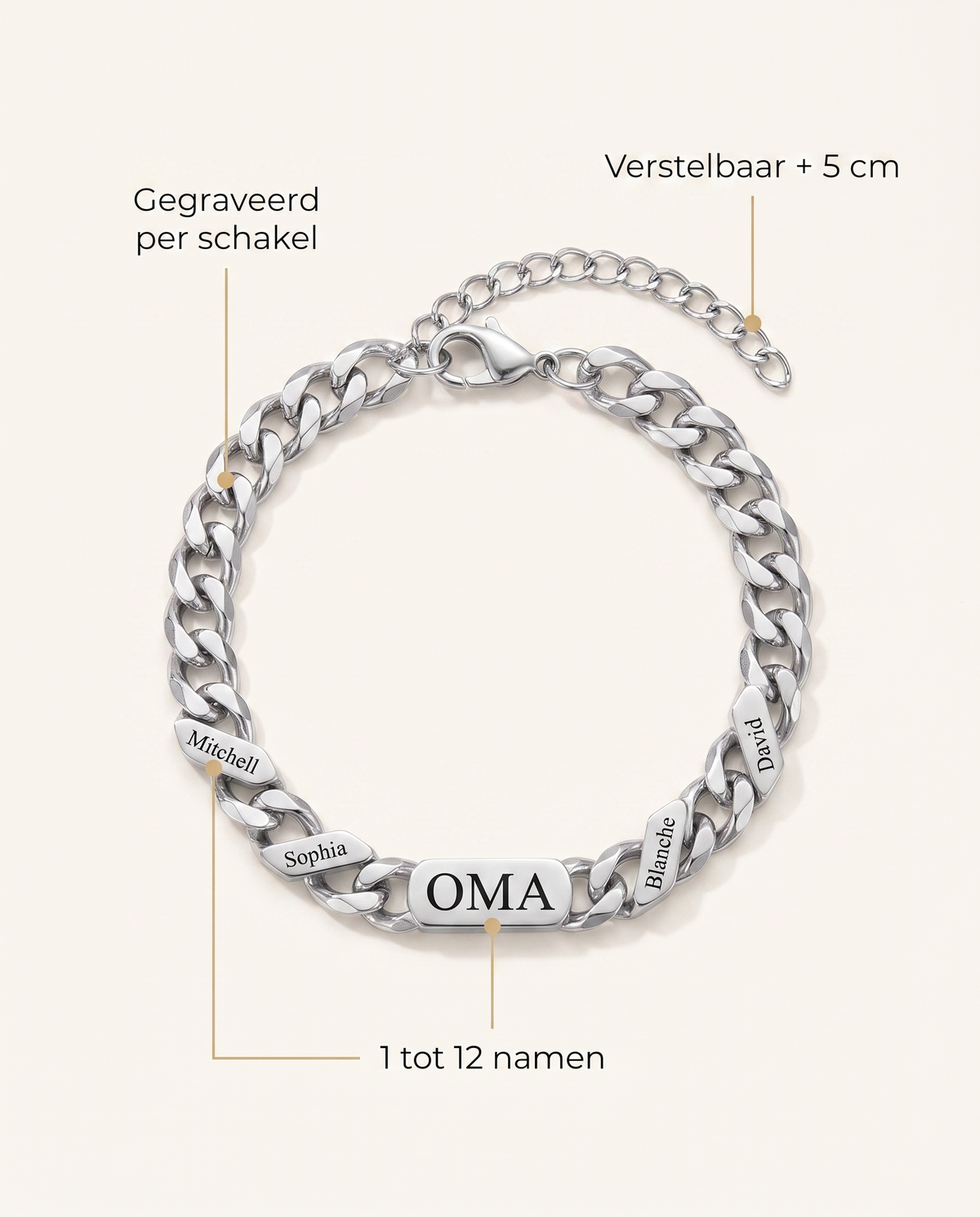 Gepersonaliseerde familieschakelarmband met gegraveerde namen – zilver of goud